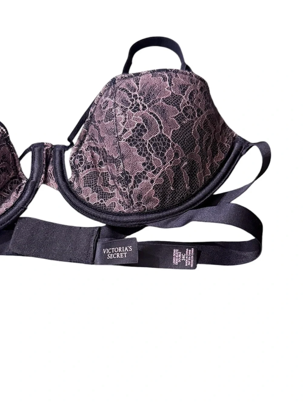 Victoria’s Secret Lined Demi Bra 34C Black Pink Lace Strappy
